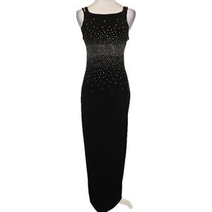 VTG Onyx Nite Black Velvet Rhinestone Gown Maxi Dress Slit Formal HOCO Y2K 8